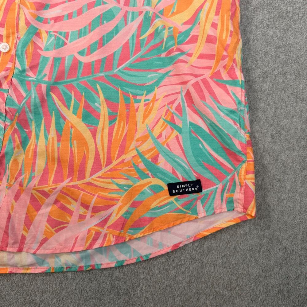 Simply Southern Tropical Button Down Shirt men's XL Short Sleeve Pink Green Palm - Picture 4 of 9